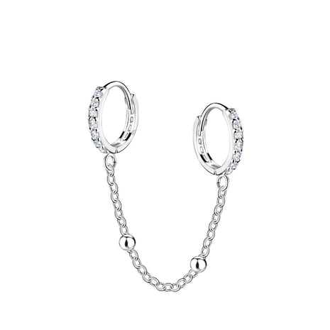 Sterling Silver Double Huggie Earrings with Chain