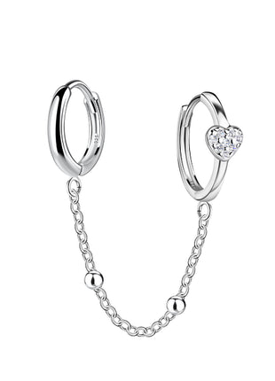 Sterling Silver Heart Double Huggie Earrings with Chain