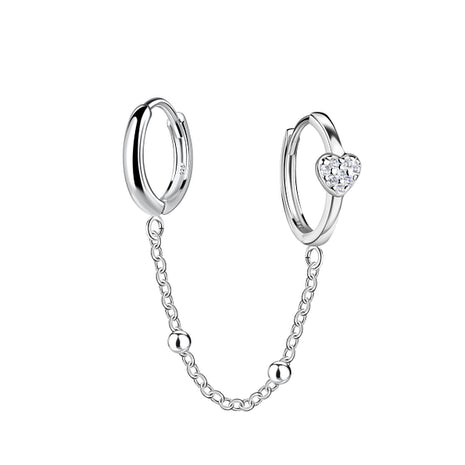 Sterling Silver Heart Double Huggie Earrings with Chain