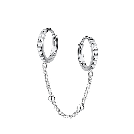 Sterling Silver Patterned Double Huggie Earrings with Chain