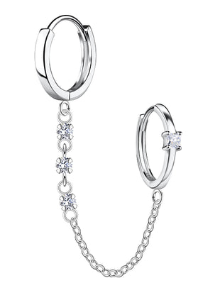 Sterling Silver Square Double Huggie Earrings with Chain