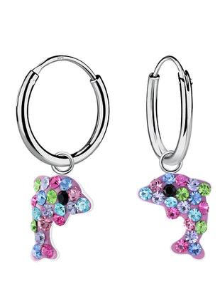 Sterling Silver Dolphin Crystal Charm Ear Hoops