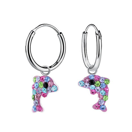 Sterling Silver Dolphin Crystal Charm Ear Hoops