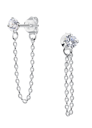 4mm Round Cubic Zirconia Sterling Silver Ear Studs With Chain