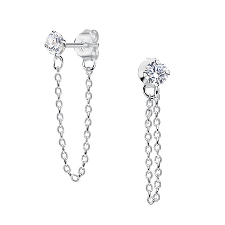 4mm Round Cubic Zirconia Sterling Silver Ear Studs With Chain