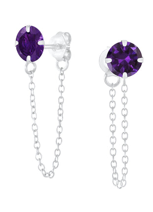 6mm Round Cubic Zirconia Sterling Silver Ear Studs with Chain