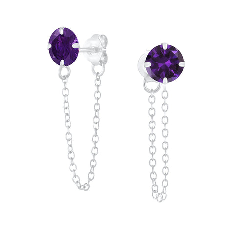 6mm Round Cubic Zirconia Sterling Silver Ear Studs with Chain