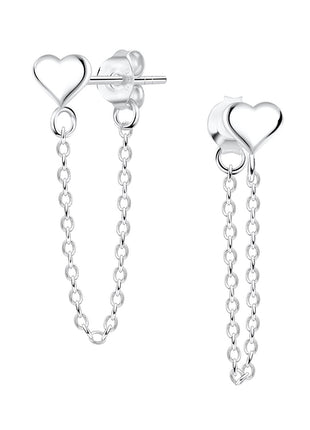 Sterling Silver Heart Ear Studs with Chain