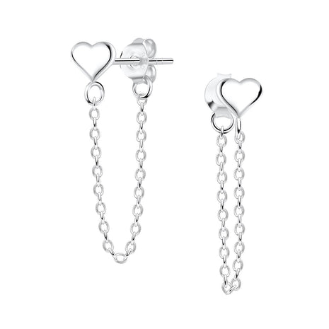 Sterling Silver Heart Ear Studs with Chain