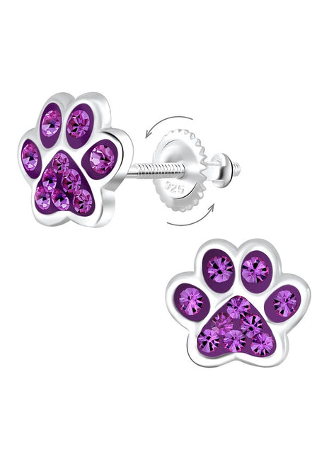 Sterling Silver Paw Print Crystal Screw Back Ear Studs