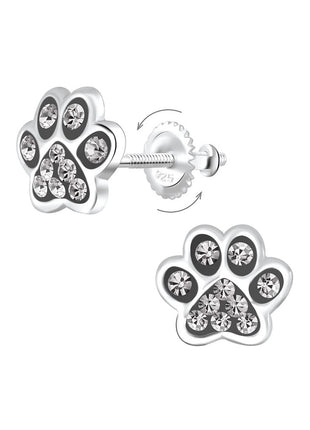 Sterling Silver Paw Print Crystal Screw Back Ear Studs
