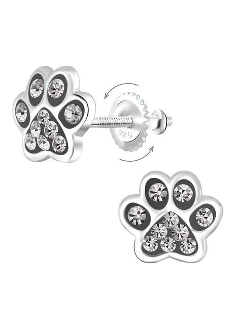 Sterling Silver Paw Print Crystal Screw Back Ear Studs