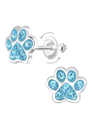 Sterling Silver Paw Print Crystal Screw Back Ear Studs