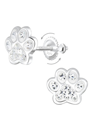 Sterling Silver Paw Print Crystal Screw Back Ear Studs