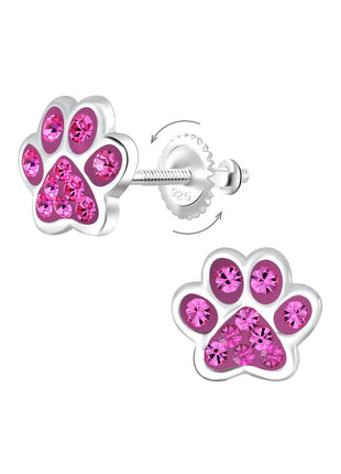 Sterling Silver Paw Print Crystal Screw Back Ear Studs