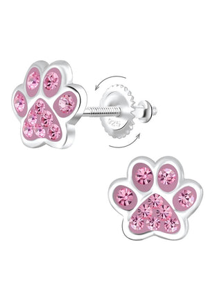 Sterling Silver Paw Print Crystal Screw Back Ear Studs