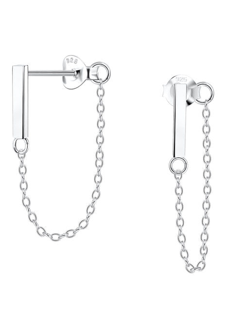 Sterling Silver Bar Ear Studs With Chain
