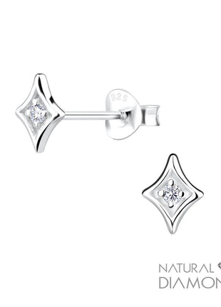 Sterling Silver Diamond Shaped Ear Studs With Natural Diamond