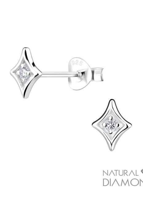 Sterling Silver Diamond Shaped Ear Studs With Natural Diamond