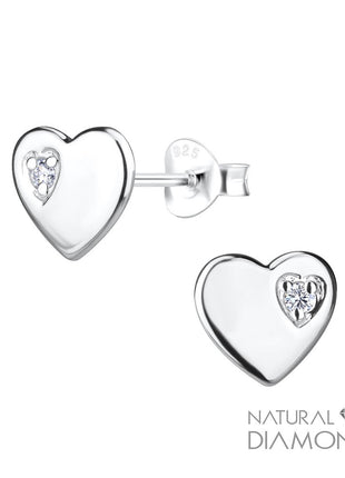 Sterling Silver Heart Ear Studs With Natural Diamond
