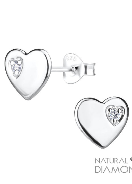 Sterling Silver Heart Ear Studs With Natural Diamond