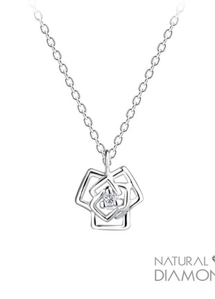Sterling Silver Rose Flower Necklace With Natural Diamond