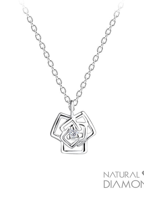 Sterling Silver Rose Flower Necklace With Natural Diamond