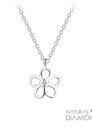 Sterling Silver Flower Necklace With Natural Diamond
