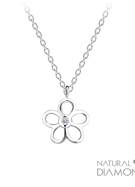 Sterling Silver Flower Necklace With Natural Diamond