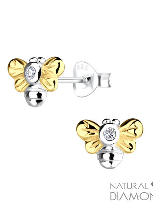 Sterling Silver Bee Ear Studs With Natural Diamond