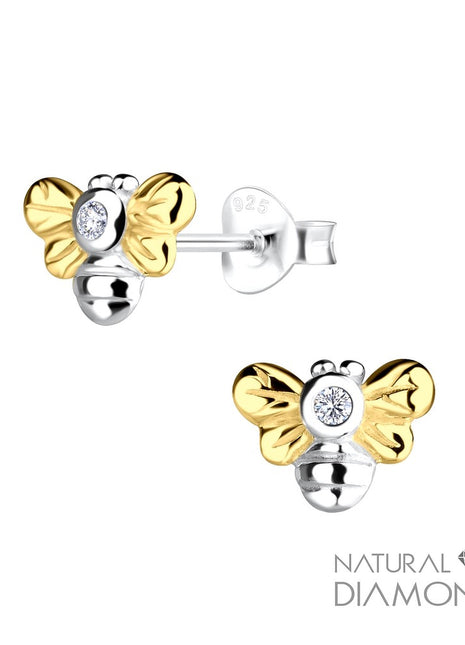 Sterling Silver Bee Ear Studs With Natural Diamond