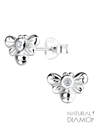 Sterling Silver Bee Ear Studs With Natural Diamond