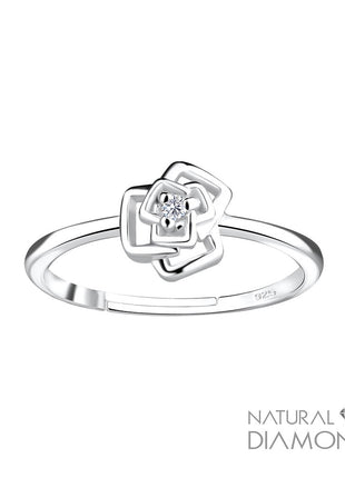 Sterling Silver Rose Flower Adjustable Ring With Natural Diamond