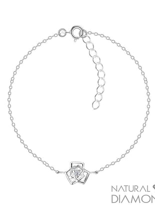 Sterling Silver Rose Flower Bracelet With Natural Diamond