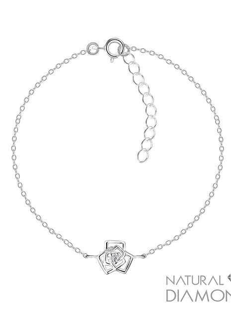 Sterling Silver Rose Flower Bracelet With Natural Diamond