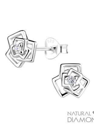 Sterling Silver Rose Flower Ear Studs With Natural Diamond