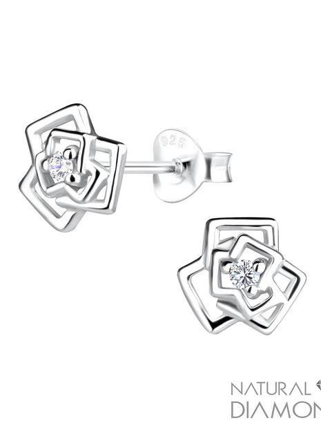 Sterling Silver Rose Flower Ear Studs With Natural Diamond