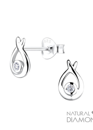 Sterling Silver Tear Drop Ear Studs With Natural Diamond
