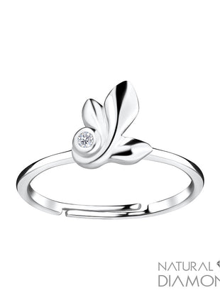Sterling Silver Leaf Adjustable Ring With Natural Diamond