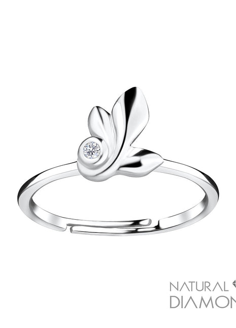 Sterling Silver Leaf Adjustable Ring With Natural Diamond