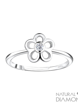Sterling Silver Flower Adjustable Ring With Natural Diamond