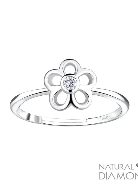 Sterling Silver Flower Adjustable Ring With Natural Diamond