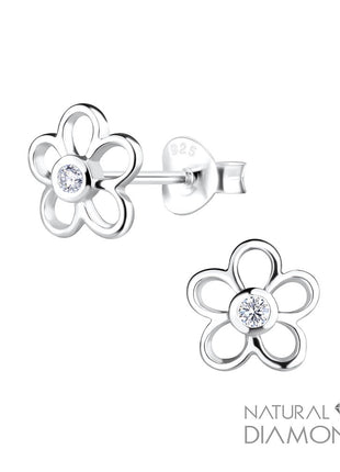 Sterling Silver Flower Ear Studs With Natural Diamond
