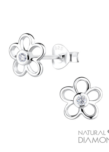 Sterling Silver Flower Ear Studs With Natural Diamond