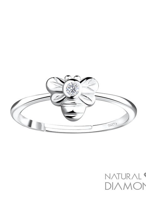 Sterling Silver Bee Adjustable Ring With Natural Diamond