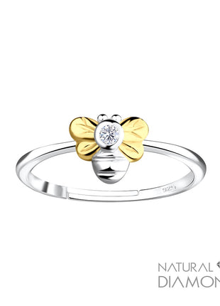 Sterling Silver Bee Adjustable Ring With Natural Diamond