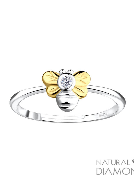Sterling Silver Bee Adjustable Ring With Natural Diamond