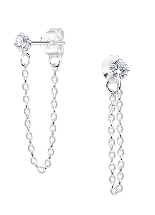 3mm Round Cubic Zirconia Sterling Silver Ear Studs with Chain