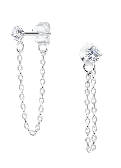 3mm Round Cubic Zirconia Sterling Silver Ear Studs with Chain
