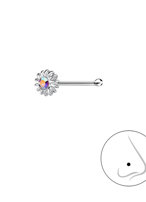 Sterling Silver Flower Crystal Nose Stud With Ball
